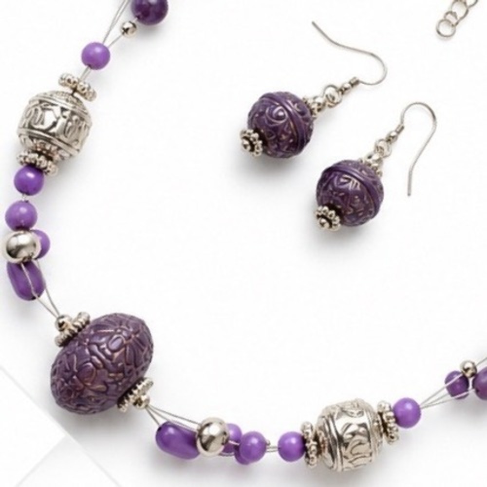Beaded Jewelry Set Purple Boho Carved Resin Multi Strand Necklace Drop Earrings - Picture 6 of 7